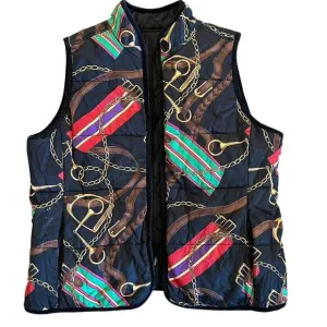 Ralph Lauren Reversible Equestrian Print Quilted Vest - Black &amp; Gold Chain  M