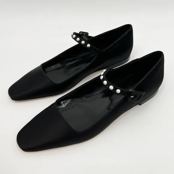 Rare Doen Silk Pearl Mary Jane Almond Shaped Flats Elegant Black Womens Shoes 37