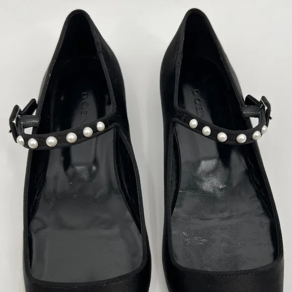 Rare Doen Silk Pearl Mary Jane Almond Shaped Flats Elegant Black Womens Shoes 37
