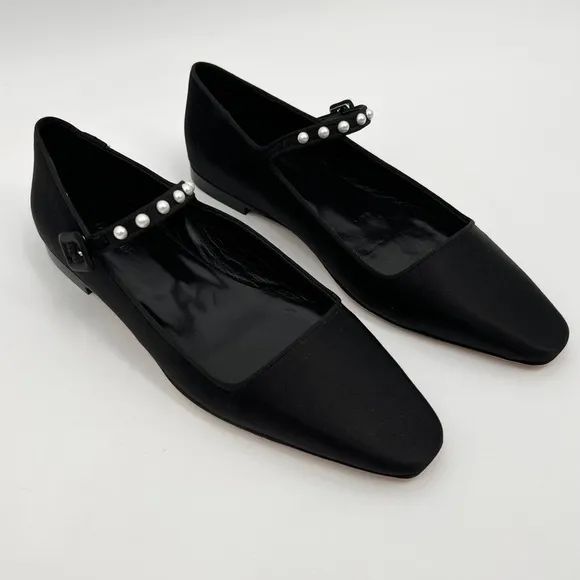 Rare Doen Silk Pearl Mary Jane Almond Shaped Flats Elegant Black Womens Shoes 37