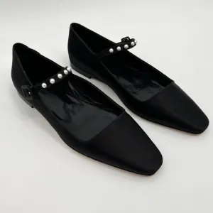 Rare Doen Silk Pearl Mary Jane Almond Shaped Flats Elegant Black Womens Shoes 37