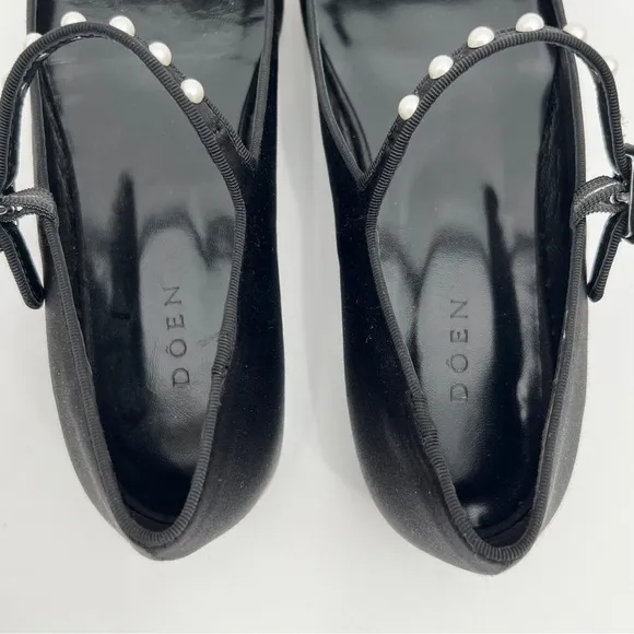 Rare Doen Silk Pearl Mary Jane Almond Shaped Flats Elegant Black Womens Shoes 37