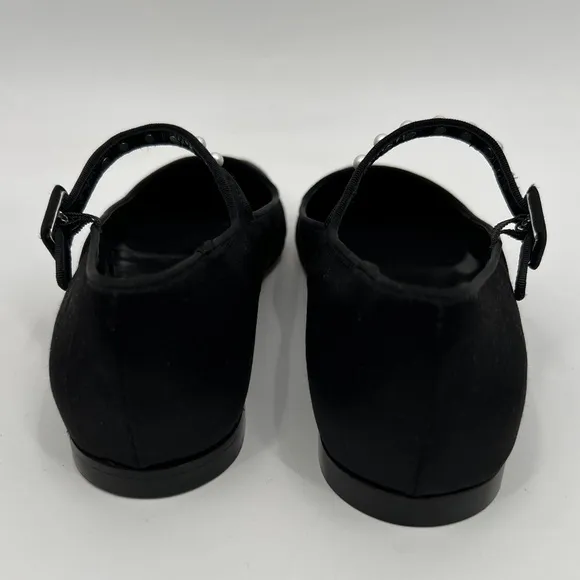 Rare Doen Silk Pearl Mary Jane Almond Shaped Flats Elegant Black Womens Shoes 37