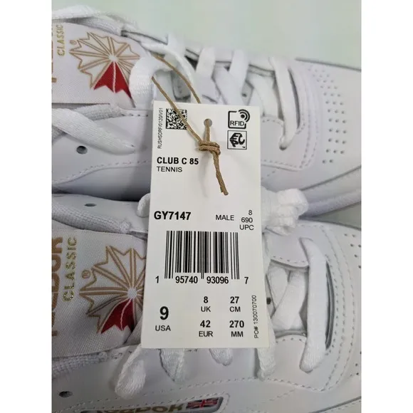 Reebok Club C 85 Men's Size 9 Athletic Sneaker Tennis White/Gold Shoe Trainers