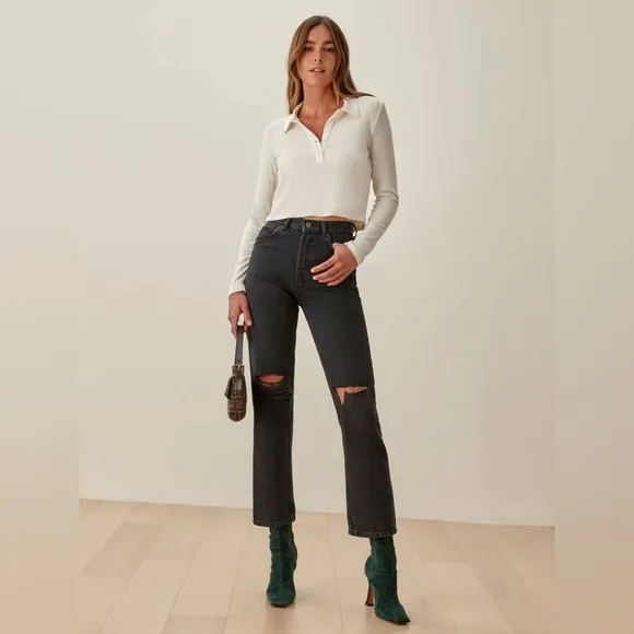 Reformation‎ Women's Cynthia High Rise Lagoon Destroyed Black Jeans- Size 26