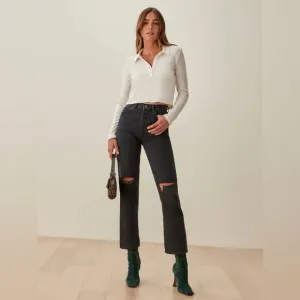 Reformation‎ Women's Cynthia High Rise Lagoon Destroyed Black Jeans- Size 26