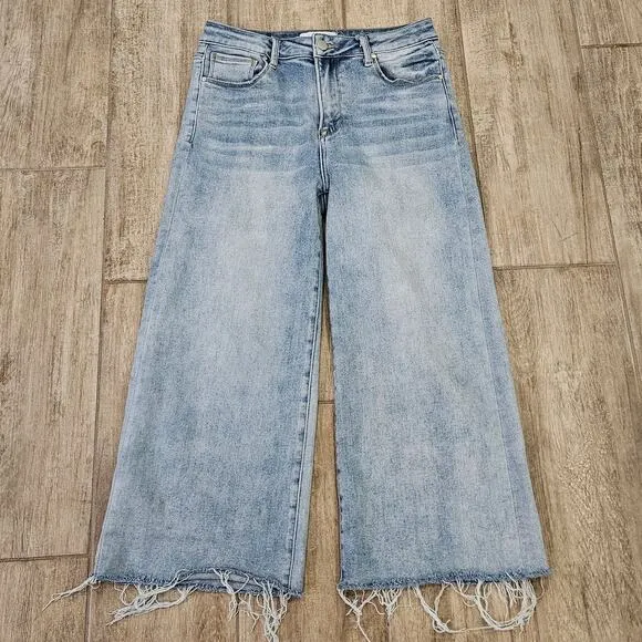 Risen Jeans Women Size 9 / 29 High Rise Wide Leg Light Wash Frayed Hem Boho Cali