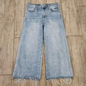 Risen Jeans Women Size 9 / 29 High Rise Wide Leg Light Wash Frayed Hem Boho Cali