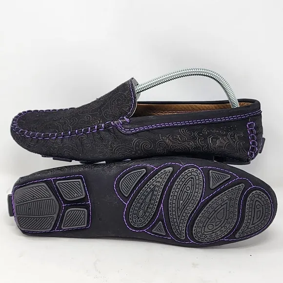 Robert Graham Verrazano Driving Black Leather Loafers Paisley Print Size 10.5