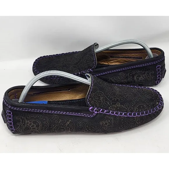 Robert Graham Verrazano Driving Black Leather Loafers Paisley Print Size 10.5