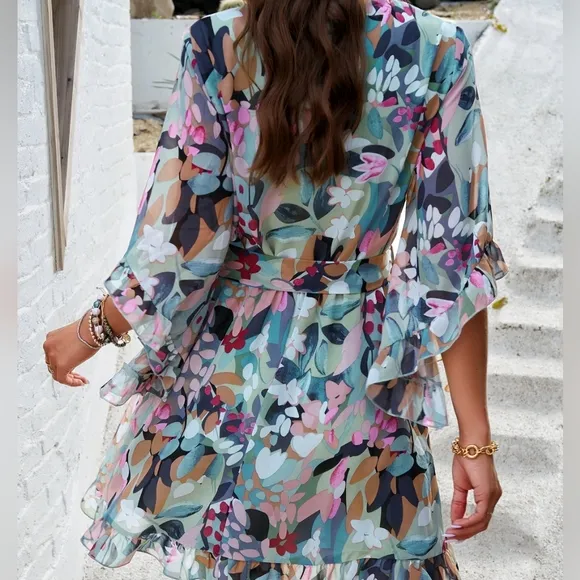 Sage Breezy Chic Ruffled Half Sleeve Mini Dress