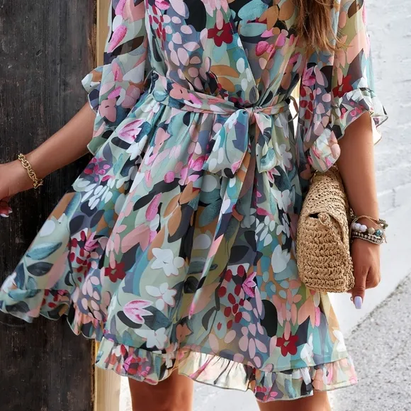 Sage Breezy Chic Ruffled Half Sleeve Mini Dress
