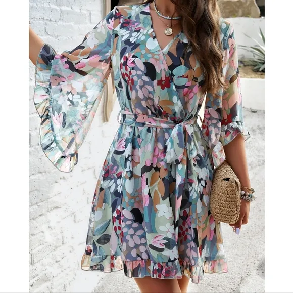 Sage Breezy Chic Ruffled Half Sleeve Mini Dress