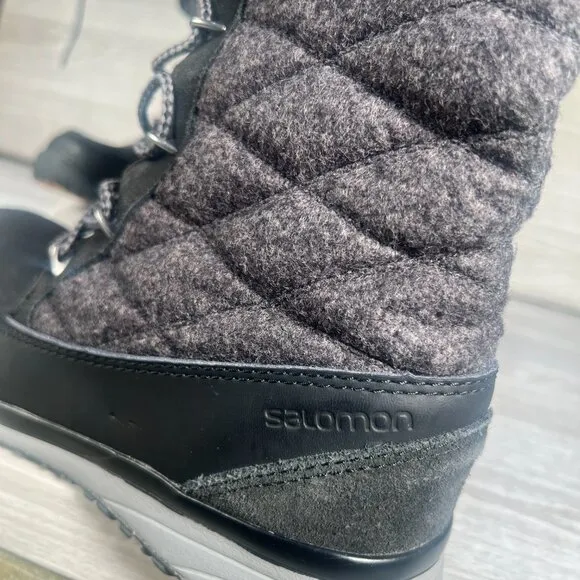 Salomon Snow Boots Womens 6.5 Black Gray Hime High Tall Quilted Faux Fur Lined