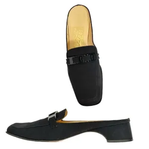 SALVATORE FERRAGAMO black fabric buckle strap detail slip on mules loafer
