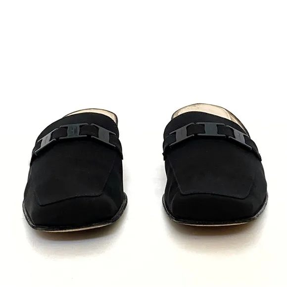 SALVATORE FERRAGAMO black fabric buckle strap detail slip on mules loafer