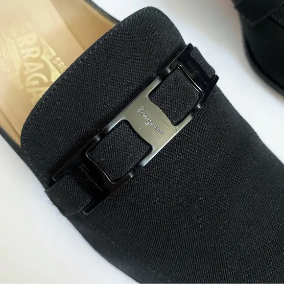 SALVATORE FERRAGAMO black fabric buckle strap detail slip on mules loafer