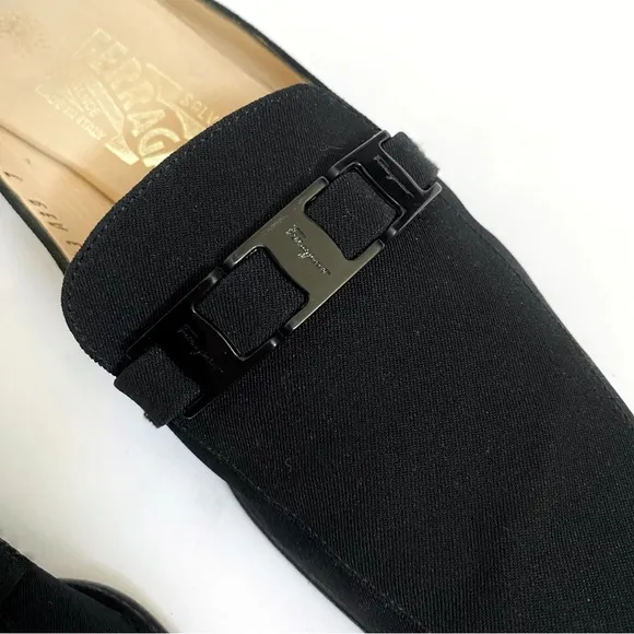 SALVATORE FERRAGAMO black fabric buckle strap detail slip on mules loafer