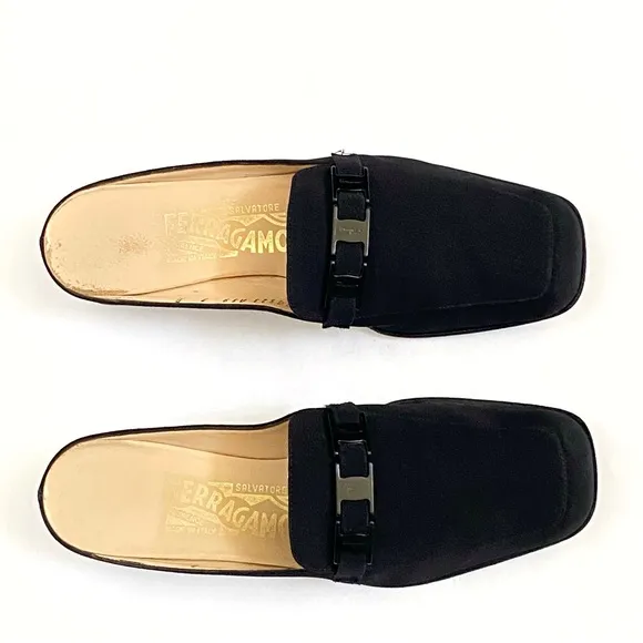 SALVATORE FERRAGAMO black fabric buckle strap detail slip on mules loafer