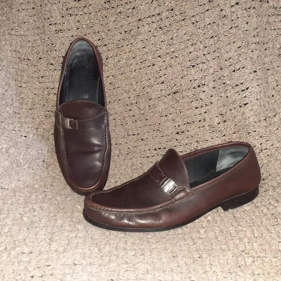 SALVATORE FERRAGAMO- Brown Leather Loafer Moccasins-Sz 10.5-2E Wide-Excellent