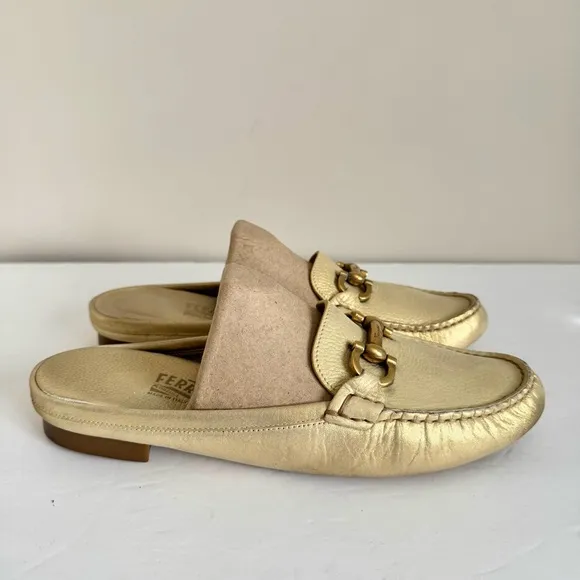 Salvatore Ferragamo Gold Leather Gancini Open Back Slip On Loafers Size 9