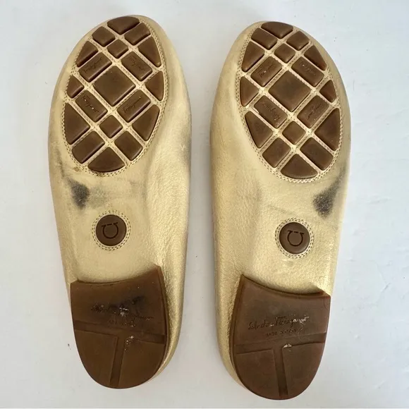 Salvatore Ferragamo Gold Leather Gancini Open Back Slip On Loafers Size 9
