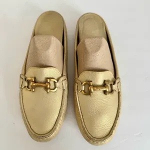 Salvatore Ferragamo Gold Leather Gancini Open Back Slip On Loafers Size 9