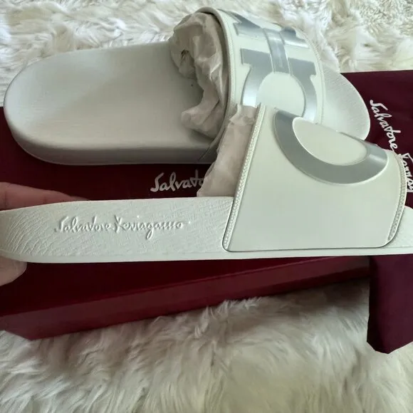 Salvatore Ferragamo Groove 2 White Slides Men Size 6 Brand new 100% Authentic