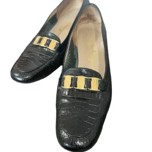 Salvatore Ferragamo womens leather loafers with block heel size 7.5 gold/black