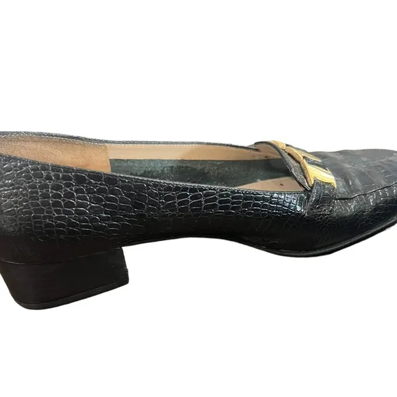 Salvatore Ferragamo womens leather loafers with block heel size 7.5 gold/black