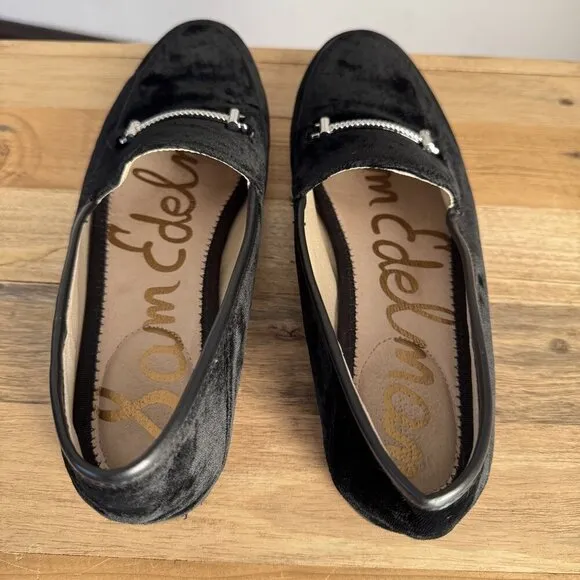 Sam Edelman Loraine Apron Toe Black Velvet Leather Lined Loafers Size 7.5