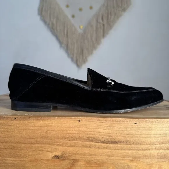 Sam Edelman Loraine Apron Toe Black Velvet Leather Lined Loafers Size 7.5