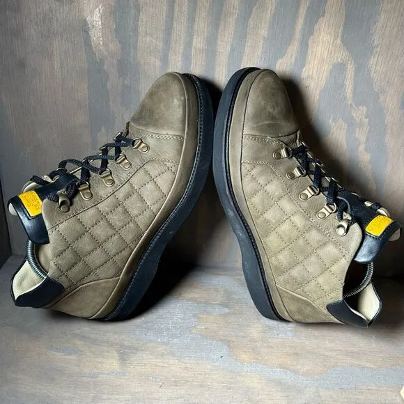 Samuel Hubbard Mens 10.5 Step Ahead Ankle Boots Green Brown Lace Quilted Leather