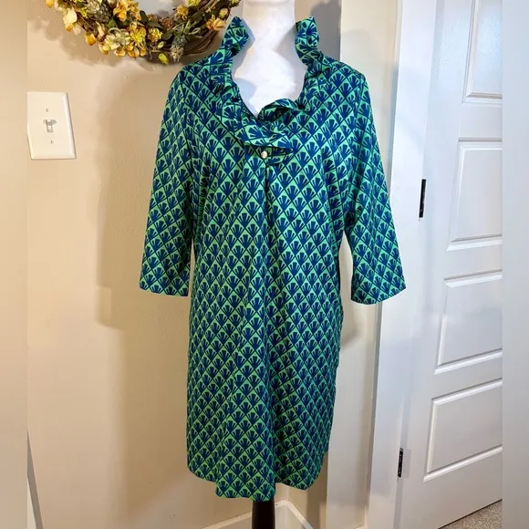 SAWYER Ruffle Neck Button Quarter Sleeve Pull On Shift Dress Green/Blue Sz M🧡