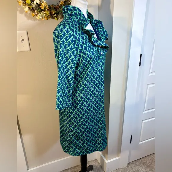 SAWYER Ruffle Neck Button Quarter Sleeve Pull On Shift Dress Green/Blue Sz M🧡