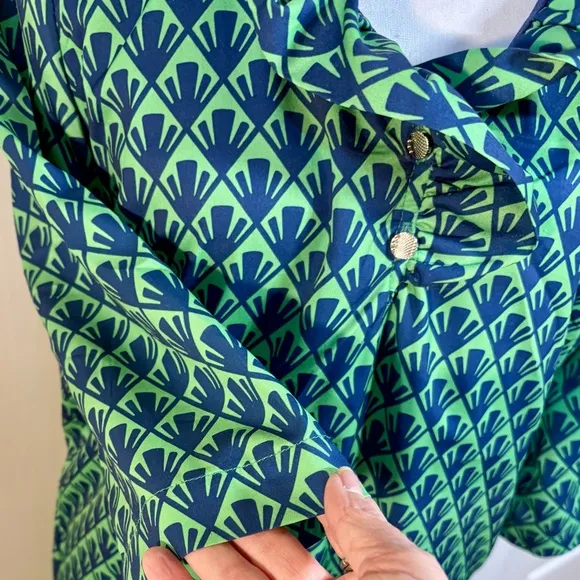 SAWYER Ruffle Neck Button Quarter Sleeve Pull On Shift Dress Green/Blue Sz M🧡