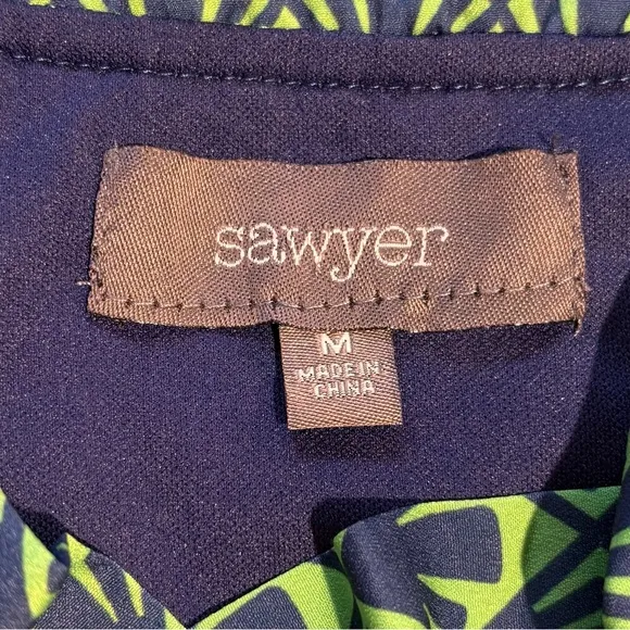 SAWYER Ruffle Neck Button Quarter Sleeve Pull On Shift Dress Green/Blue Sz M🧡