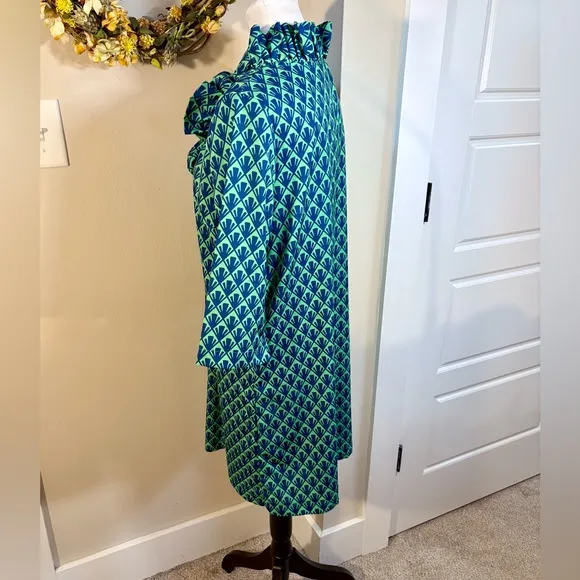 SAWYER Ruffle Neck Button Quarter Sleeve Pull On Shift Dress Green/Blue Sz M🧡
