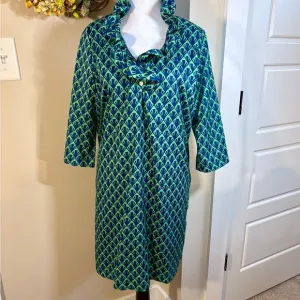 SAWYER Ruffle Neck Button Quarter Sleeve Pull On Shift Dress Green/Blue Sz M🧡