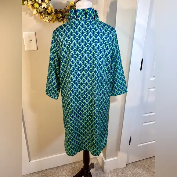 SAWYER Ruffle Neck Button Quarter Sleeve Pull On Shift Dress Green/Blue Sz M🧡