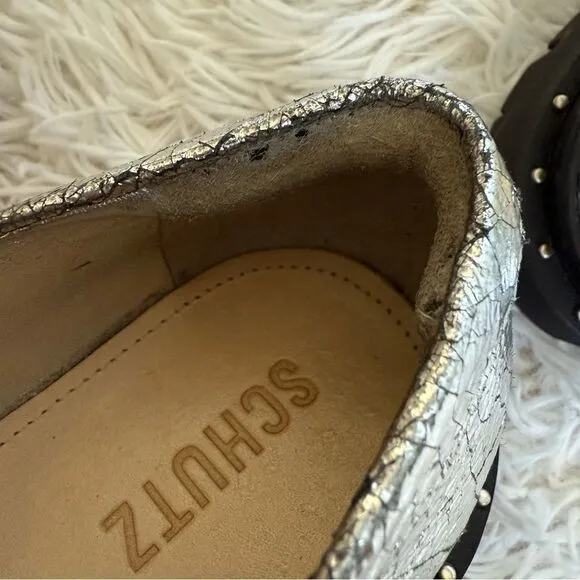 SCHUTZ Christie Studs Silver Cracked Leather Lug Sole Loafers Size 7.5