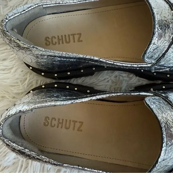 SCHUTZ Christie Studs Silver Cracked Leather Lug Sole Loafers Size 7.5
