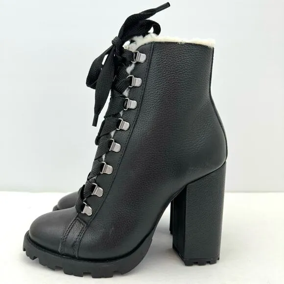 Schutz Zhara Black Leather Sherpa Lined Heeled Lace Up Boots Women's 8 NEW