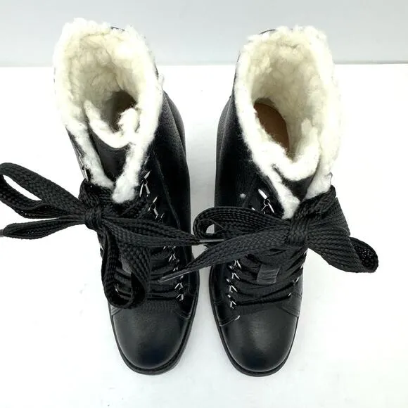Schutz Zhara Black Leather Sherpa Lined Heeled Lace Up Boots Women's 8 NEW