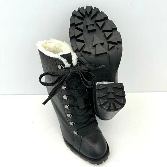 Schutz Zhara Black Leather Sherpa Lined Heeled Lace Up Boots Women's 8 NEW