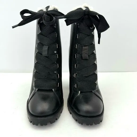 Schutz Zhara Black Leather Sherpa Lined Heeled Lace Up Boots Women's 8 NEW