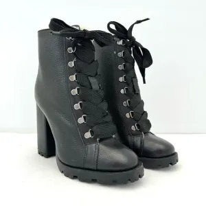 Schutz Zhara Black Leather Sherpa Lined Heeled Lace Up Boots Women's 8 NEW