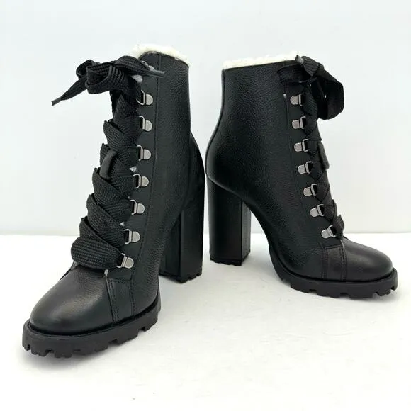 Schutz Zhara Black Leather Sherpa Lined Heeled Lace Up Boots Women's 8 NEW