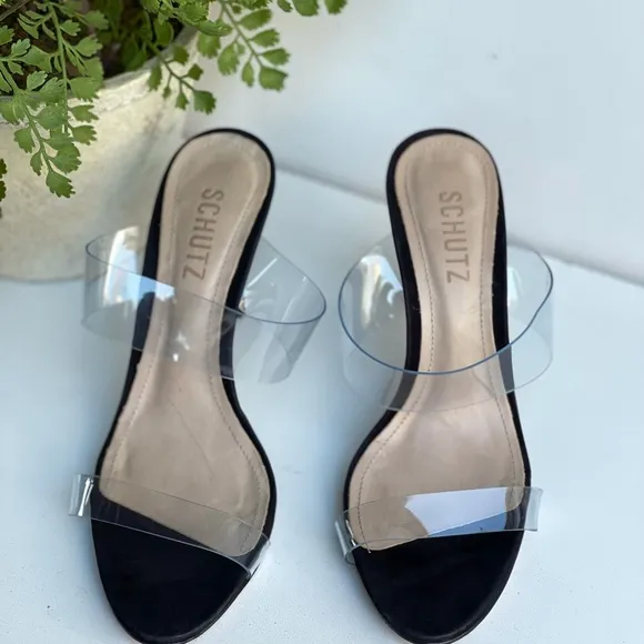 SCHUTZ🍁🍂Arielle Black patent leather transparent strap sandal Size 7.5 new