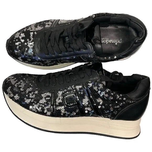 Sequins Sparkly Black &amp; White Fashion Sneakers Primadonna  Women’s 7.5 Leather